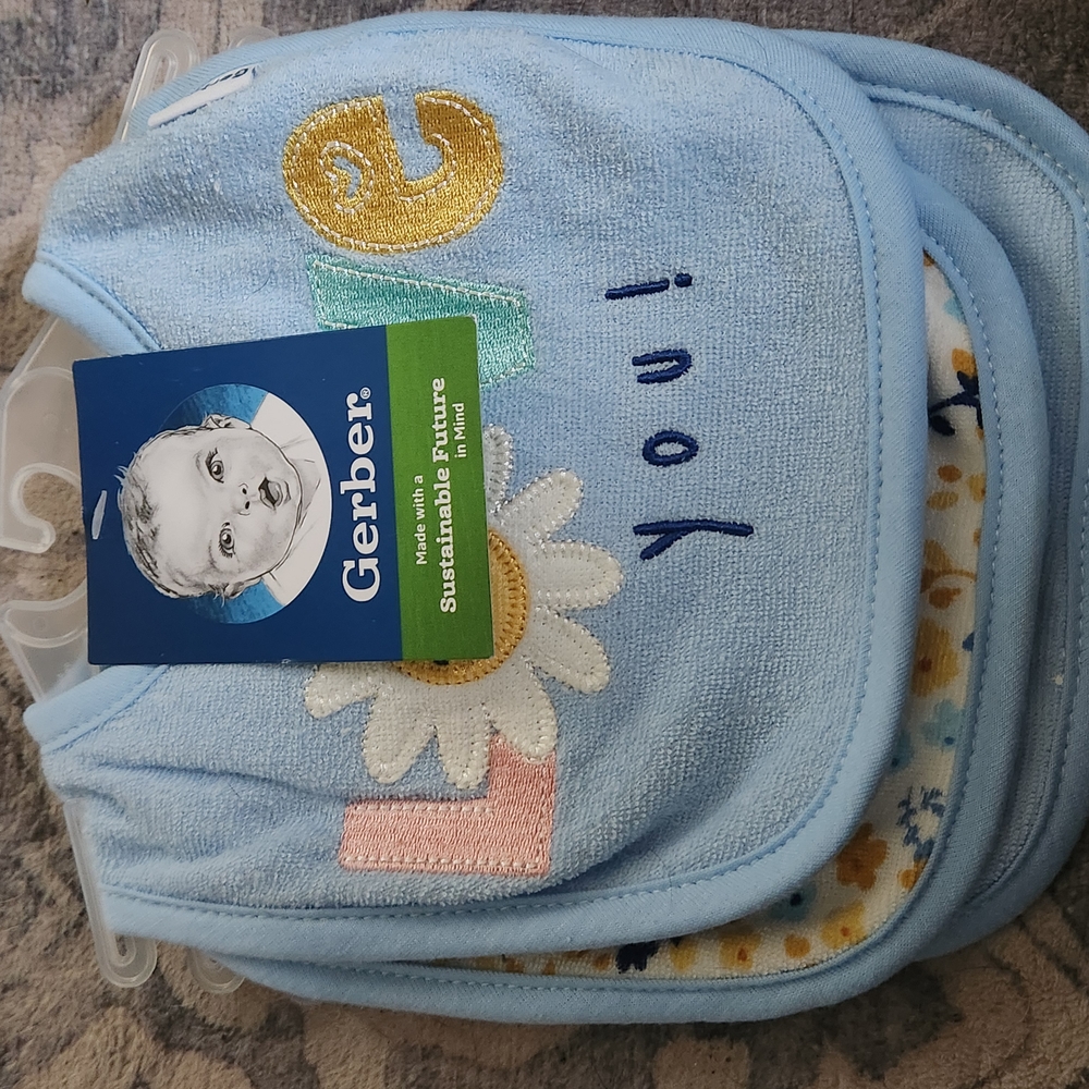 Gerber Blue and Yellow Plush Bib with Daisy Design